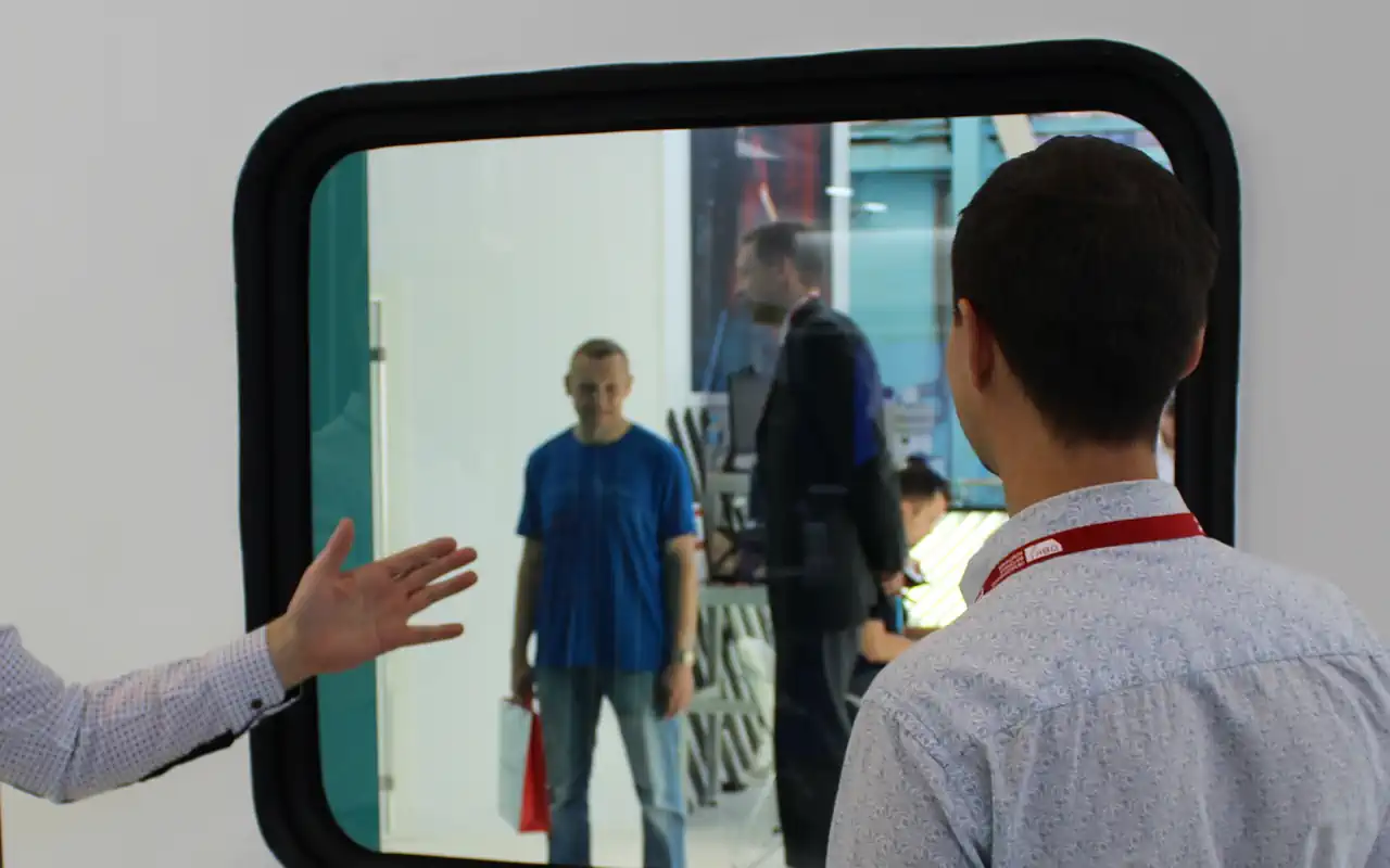 Octoglass electrochromic glass prototype for an RZD passenger coach at the Pro-Dvizhenie exhibition, transparent state