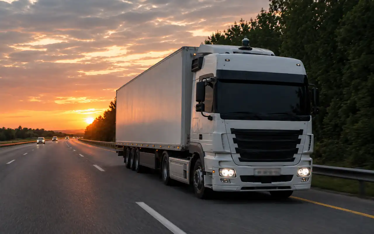 Autonomous truck with electrochromic cab glass: no driver present, the glass is fully tinted