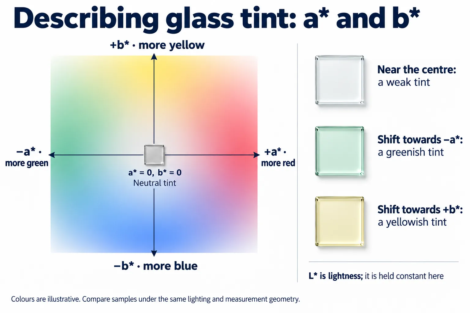 CIELAB glass tint coordinates: a* runs from green to red, and b* runs from blue to yellow