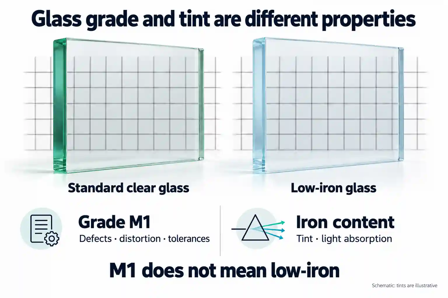 Standard clear glass and low-iron glass: glass grade and iron content describe different properties
