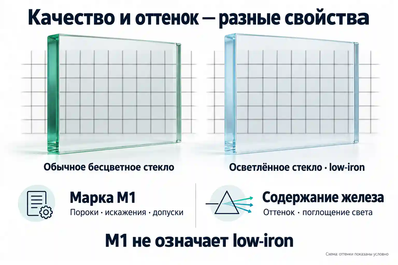 Обычное бесцветное и осветлённое стекло: марка М1 и содержание железа характеризуют разные свойства