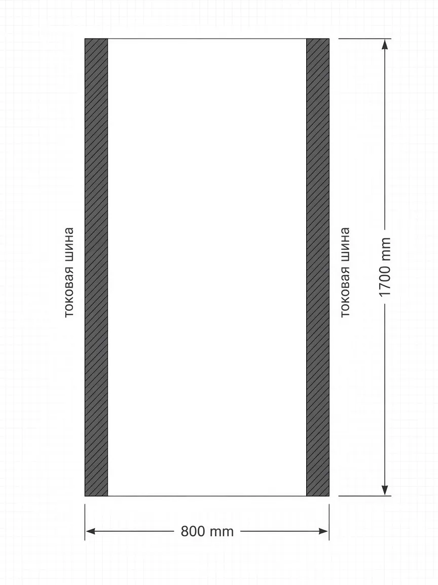 Diagram of 800×1700 mm glass with busbars along the long edges