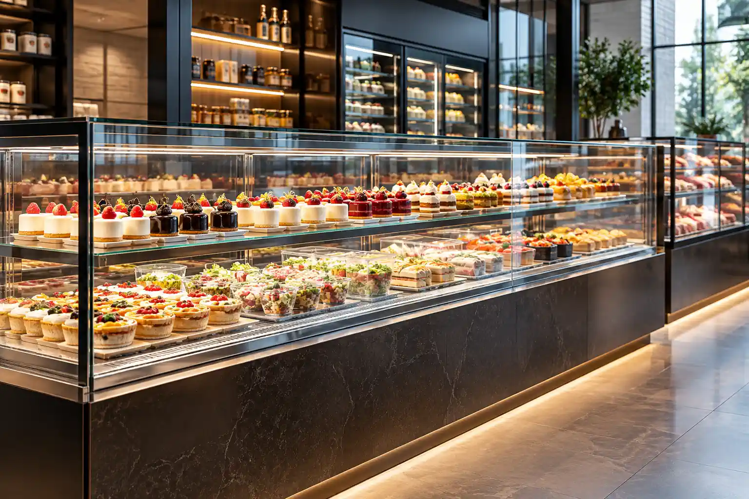 Refrigerated deli display case with transparent glazing