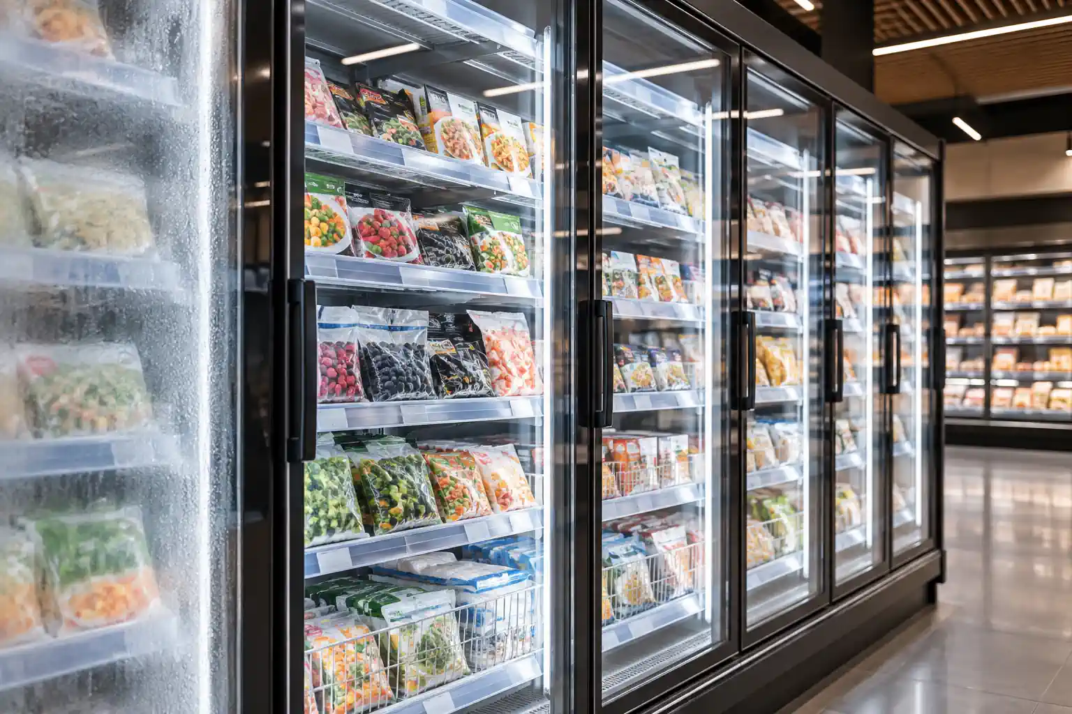 Freezer cabinets in a modern supermarket with transparent doors