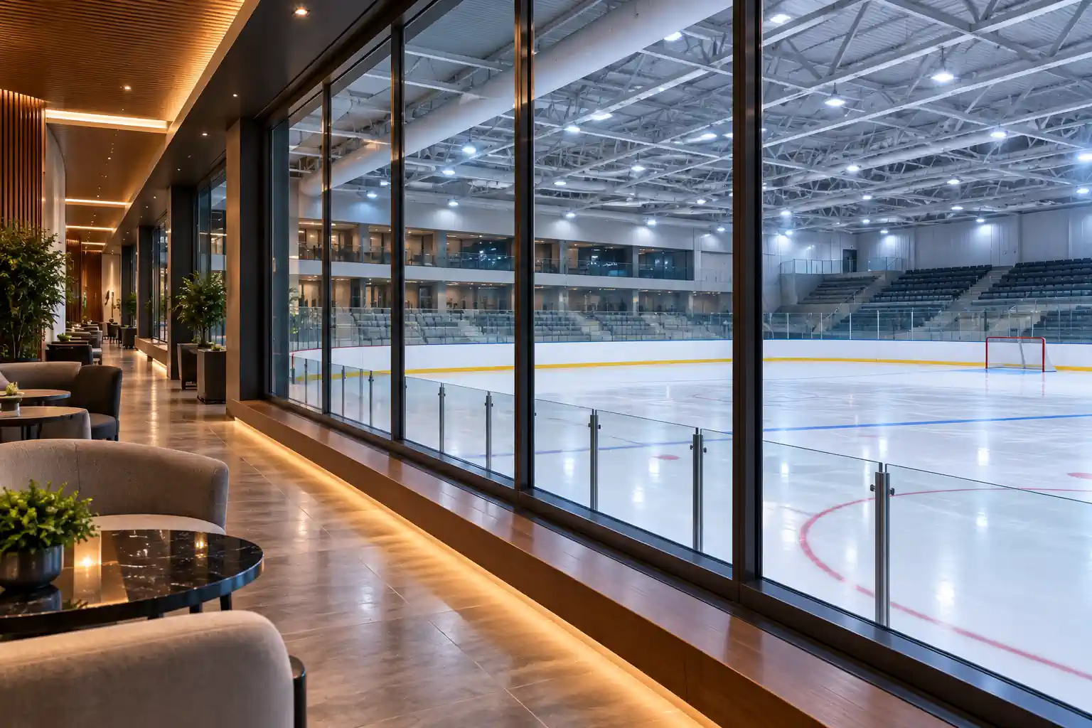 Glazing between a warm lounge and an ice arena without fogging