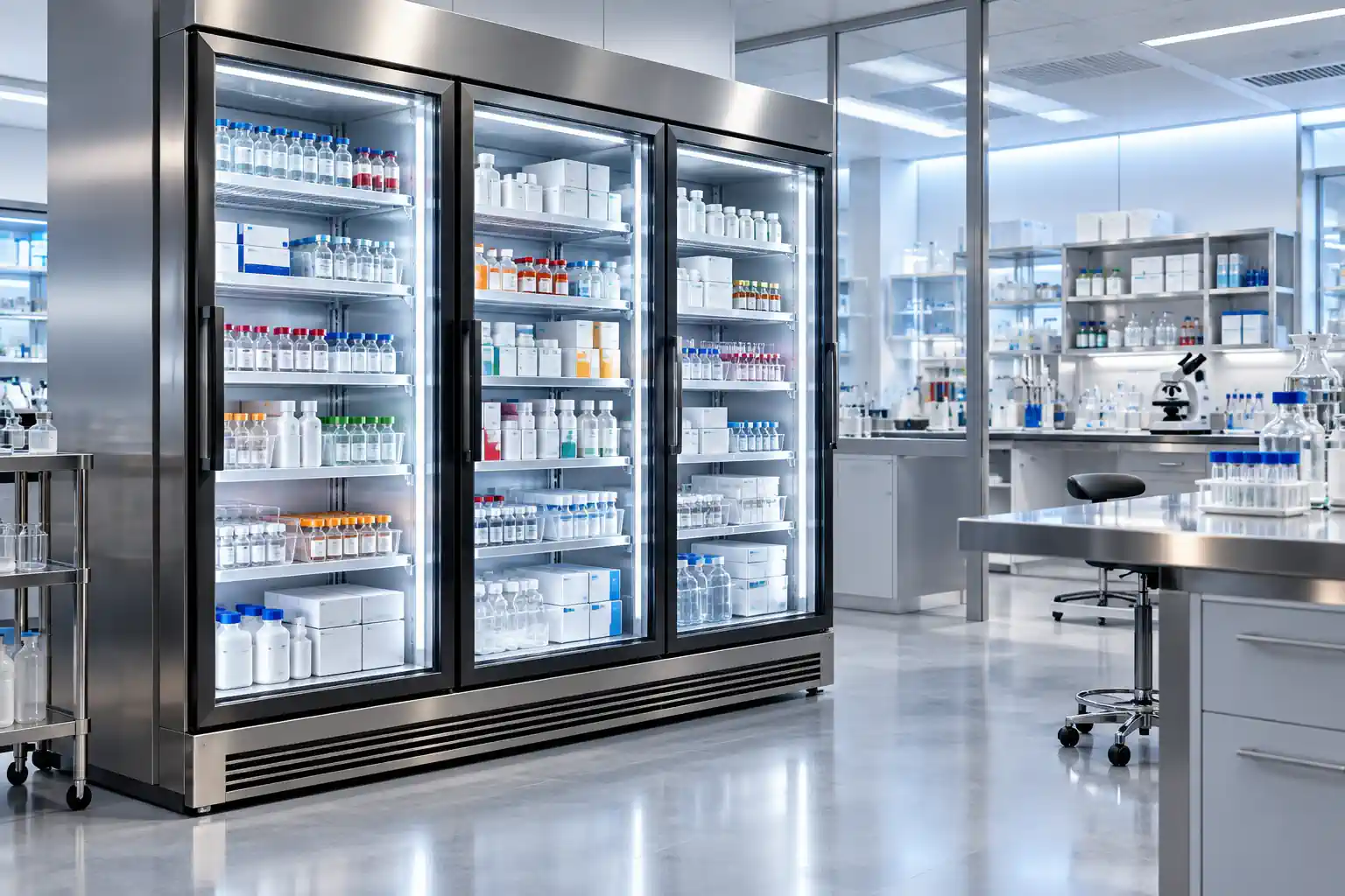 Pharmaceutical refrigerator with clear doors free of condensation