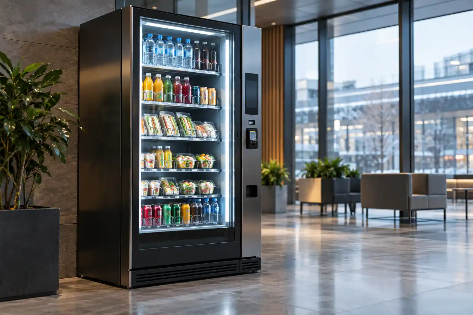 Chilled vending machine with transparent glass