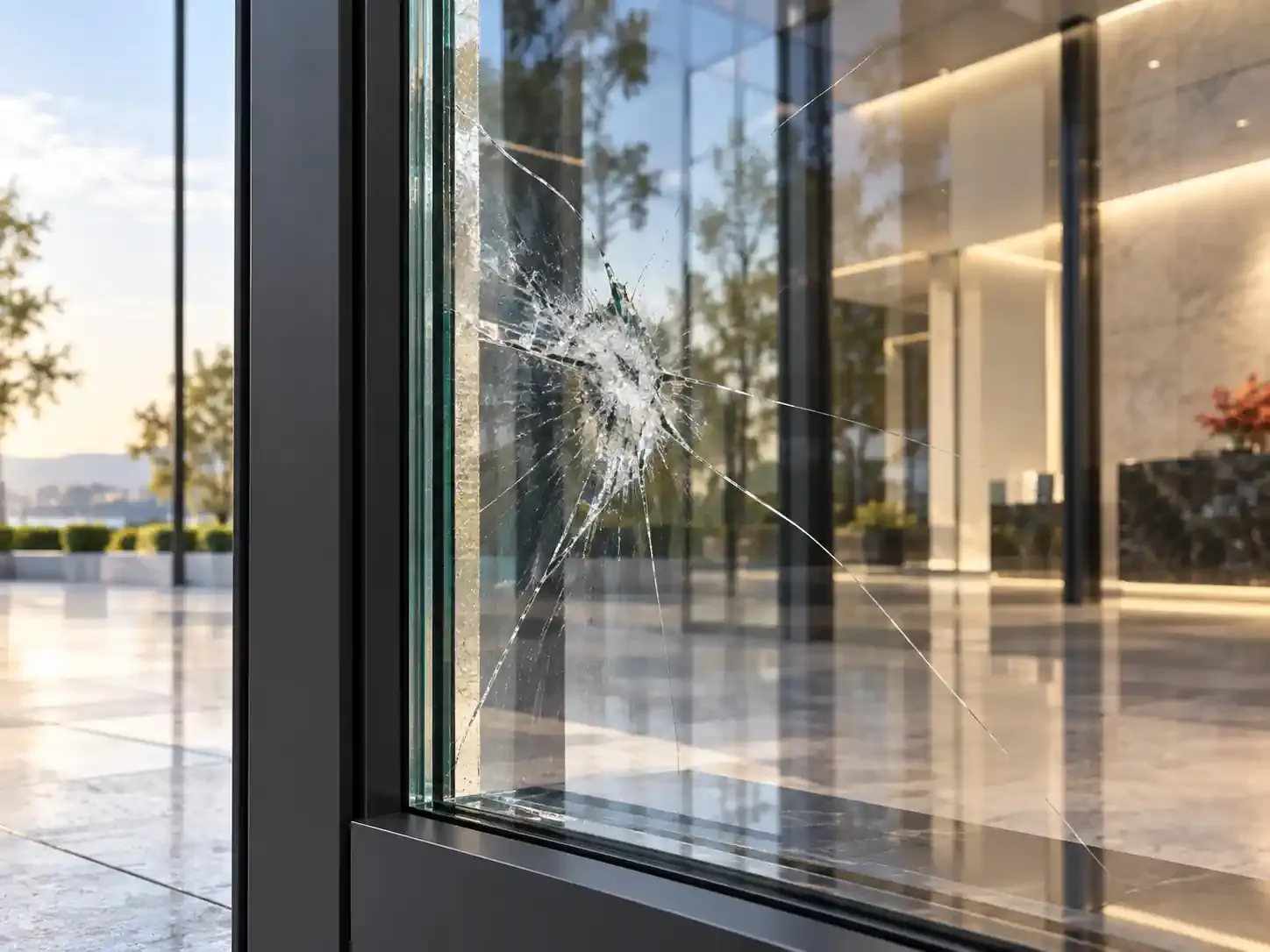 Архитектурное стекло Октогард® после удара: трещины без выпадения из рамы у лобби