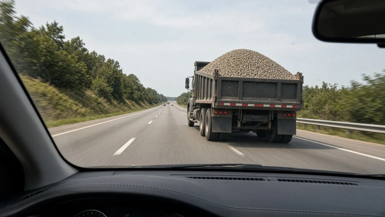 Cabin view on a highway: dump truck ahead with unsecured gravel — windshield impact risk