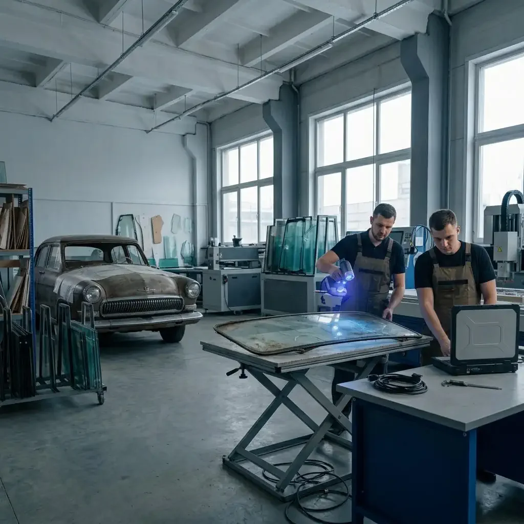 Ламинированное транспортное стекло на подставке — retrofit остекления